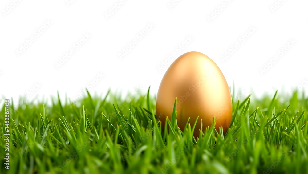 Fototapeta premium Golden Egg in Green Grass Happy Easter Holiday Greeting