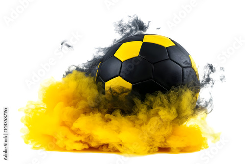 Obraz na płótnie Soccer Ball Surrounded By Yellow And Gray Smoke Illustration On Isolated Background w salonie
