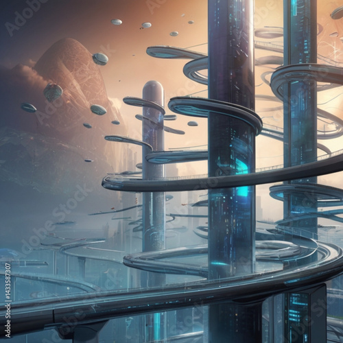Futuristic cityscape with elevated spiral roadways and flying vehicles in a science fiction scenery view created with generated ai
