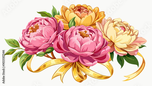  Very beautiful pink and yellow peonies wedding gold ribbon tied white Background ,transparent background