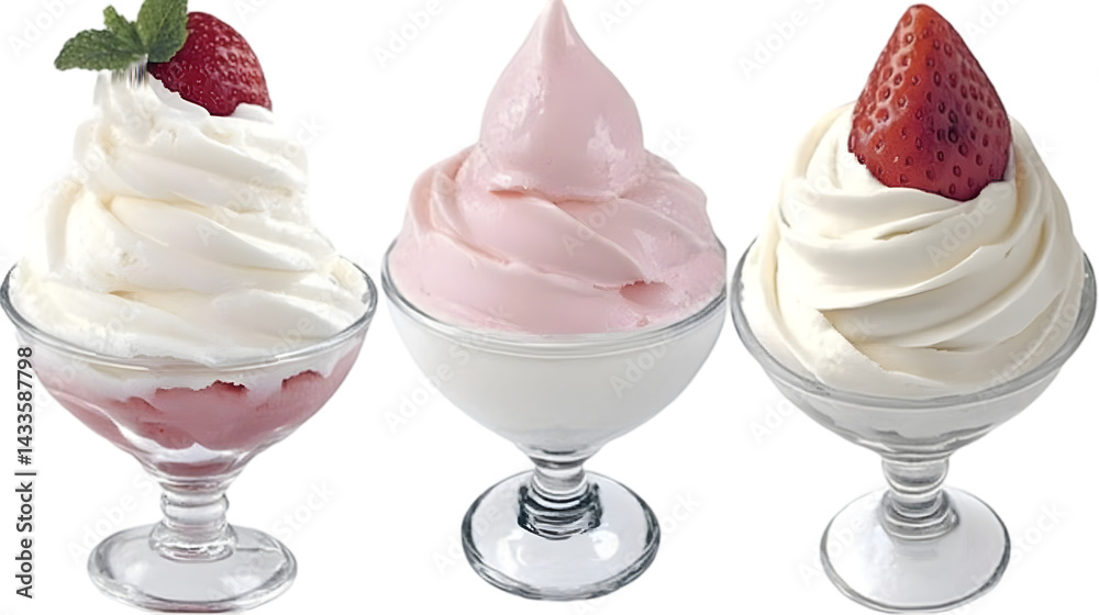 Three Creamy Ice Cream Sundaes with Strawberries in Elegant Glasses Isolated