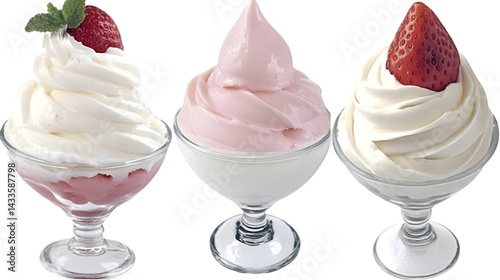 Obraz na płótnie Three Creamy Ice Cream Sundaes with Strawberries in Elegant Glasses Isolated w salonie