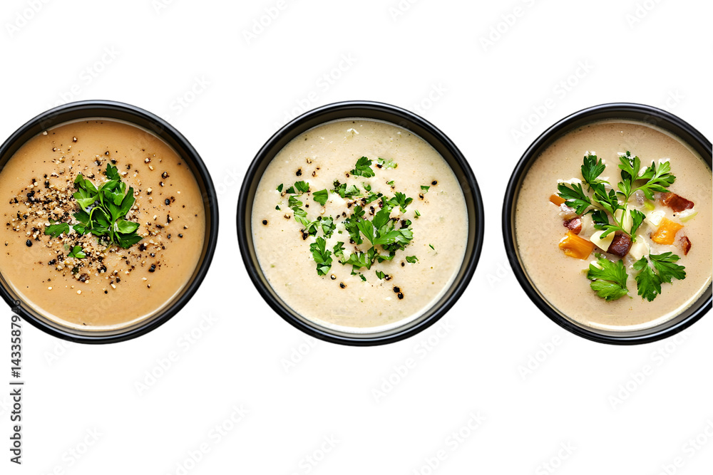 Three Bowls of Cream Soups with Parsley on Black Background