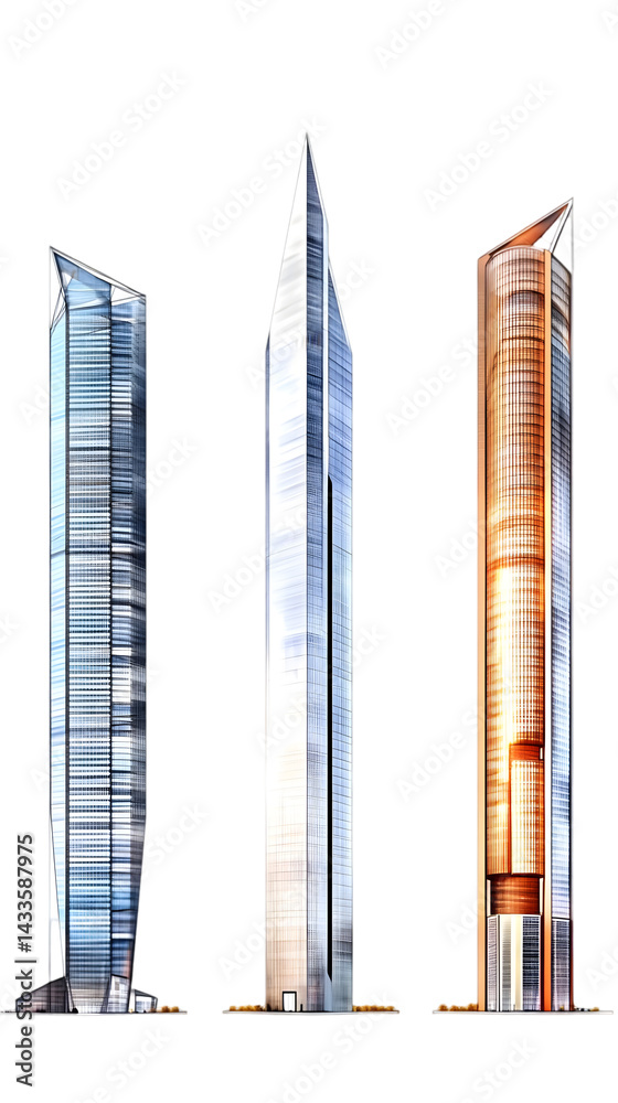 Three Modern Skyscrapers In Urban City Illustration with Transparent Background