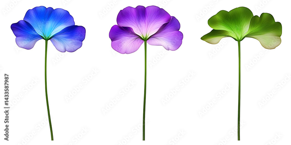Three Isolated Flowers with Blue Purple and Green Petals on Black Background
