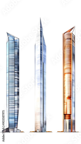 Obraz na płótnie Three Modern Skyscrapers In Urban City Illustration with Transparent Background w salonie