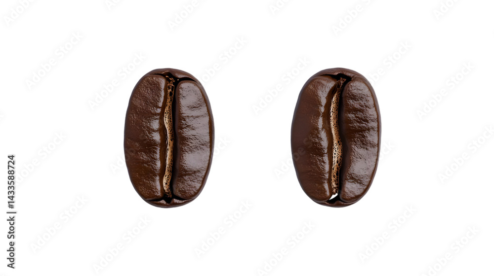 Two Isolated Realistic Coffee Beans with Brown Texture and Transparent Background