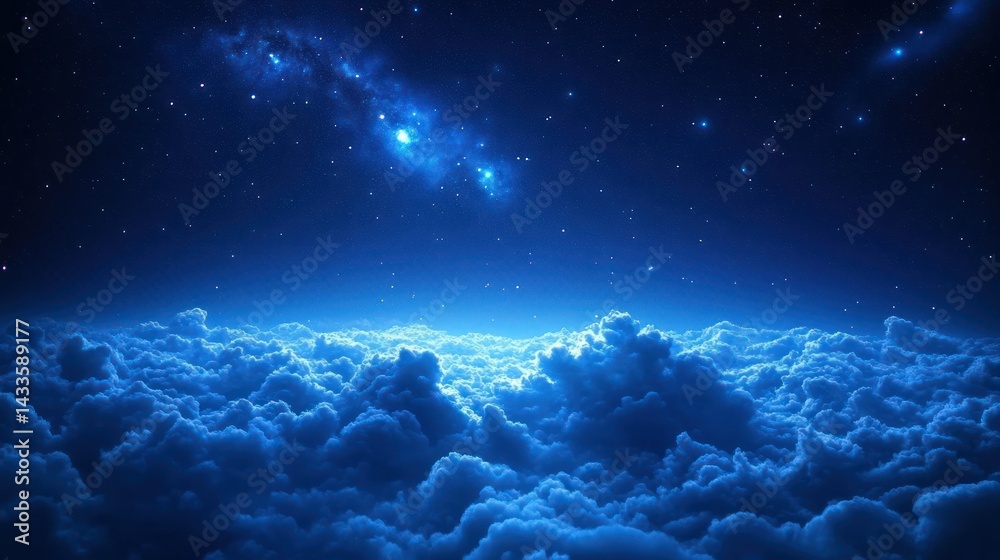 Obraz premium Night sky reveals serene clouds, shimmering stars, captivating galaxy creating dreamy, atmospheric, celestial panorama.