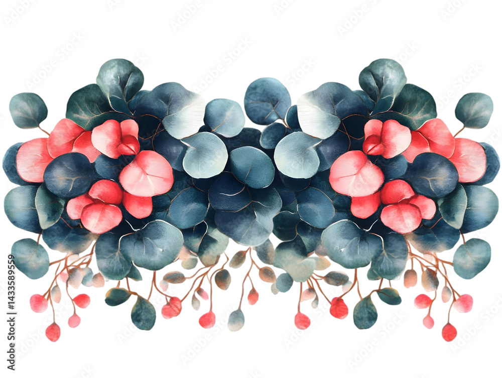 Watercolor Eucalyptus Arrangement with Red and Blue Leaves on Transparent Background