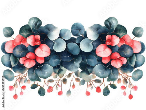 Obraz na płótnie Watercolor Eucalyptus Arrangement with Red and Blue Leaves on Transparent Background w salonie