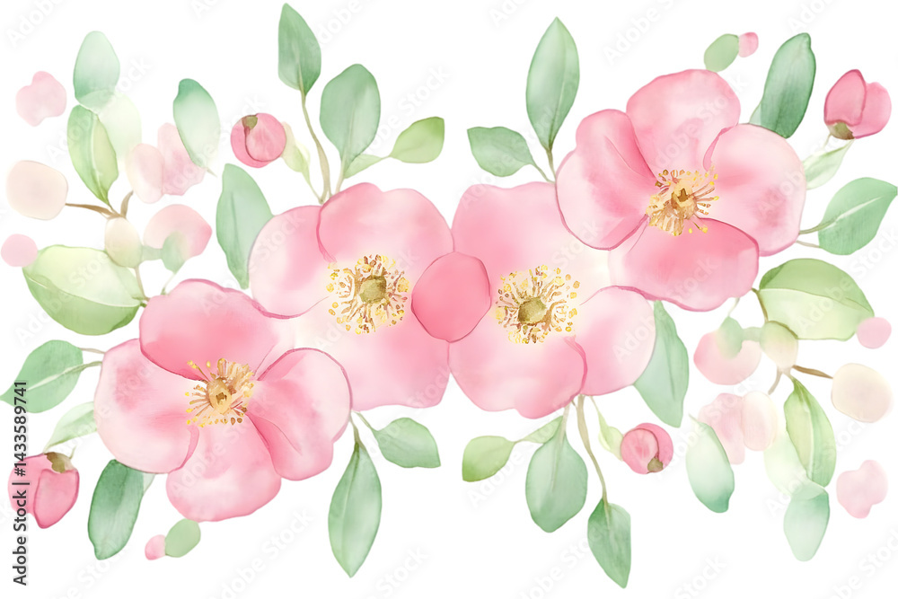 Watercolor Floral Arrangement Illustration of Pink Flowers and Green Leaves