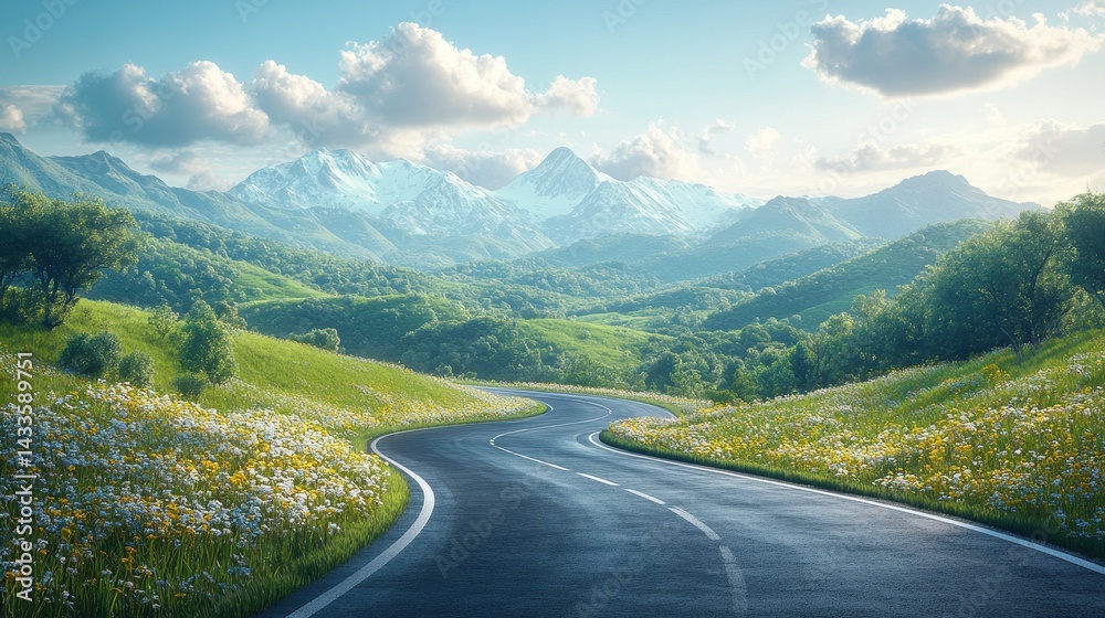 Fototapeta premium Serene Curved Road Through Lush Green Valley and Majestic Mountains