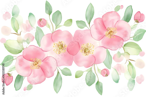 Obraz na płótnie Watercolor Floral Arrangement Illustration of Pink Flowers and Green Leaves w salonie
