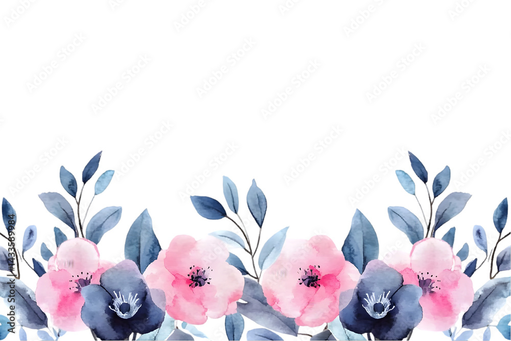 Watercolor Floral Arrangement of Pink and Blue Flowers with Leaves Illustration