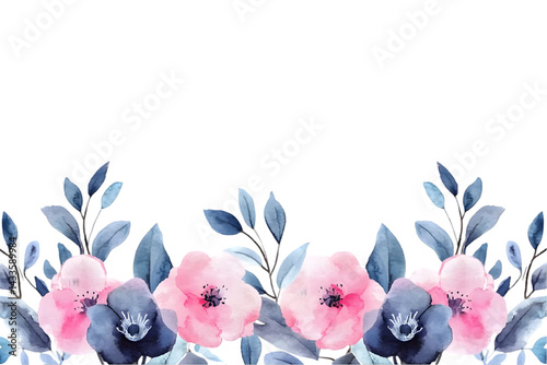 Obraz na płótnie Watercolor Floral Arrangement of Pink and Blue Flowers with Leaves Illustration w salonie