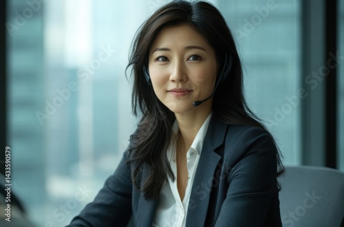 Ultra-detailed photo of a professional Asian woman wearing a headset