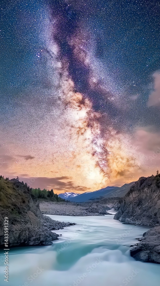 Naklejka premium Stunning night sky over flowing river and mountains