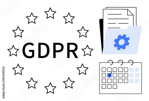 GDPR text surrounded by stars, gear on folder, stacked papers, calendar with tick mark. Ideal for data privacy, compliance, regulations, governance security management planning. Flat simple
