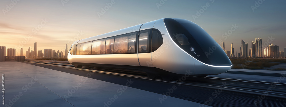 Fototapeta premium Sleek futuristic monorail in motion with dynamic lighting, blurred cityscape background, modern transportation concept.