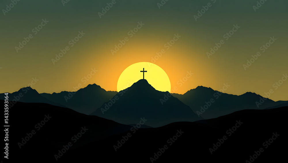 Obraz premium Sunset Silhouette of Cross on Mountain Peak Panoramic Landscape