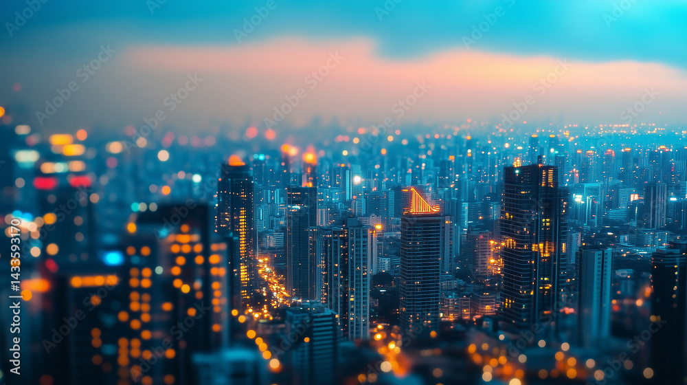 Obraz premium Futuristic cityscape with glowing neon lights and clean geometric architecture, soft ambient glow, abstract background with depth. 