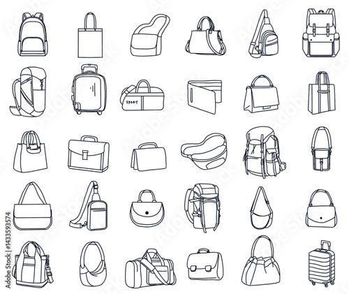 30 set of bags transparent background. vector illustration bags style line icons: Backpack, shoulder bag, wallet, sling bag, suitcase, handbag, tote bag, carrier, cross sling bag