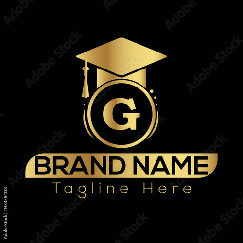 Graduation cap and diploma icon with money and finance symbols in vector style G logo Design photo