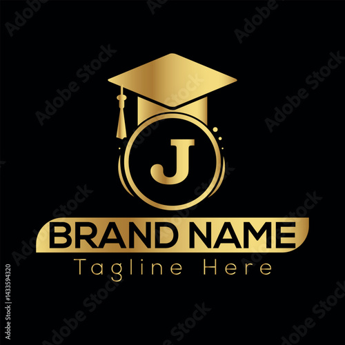 Graduation cap and diploma icon with money and finance symbols in vector style J logo Design photo