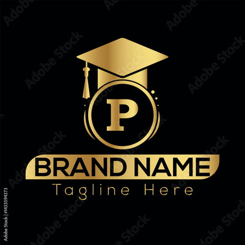 Graduation cap and diploma icon with money and finance symbols in vector style P logo Design