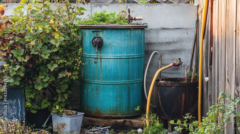 Obraz premium A backyard water tank setup with a non-functional pump and dry hoses, showing a common household issue.