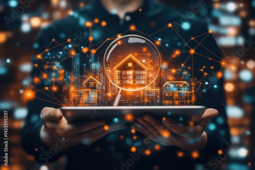 A person holds a tablet with a magnifying glass over a glowing house, surrounded by a network of connected homes