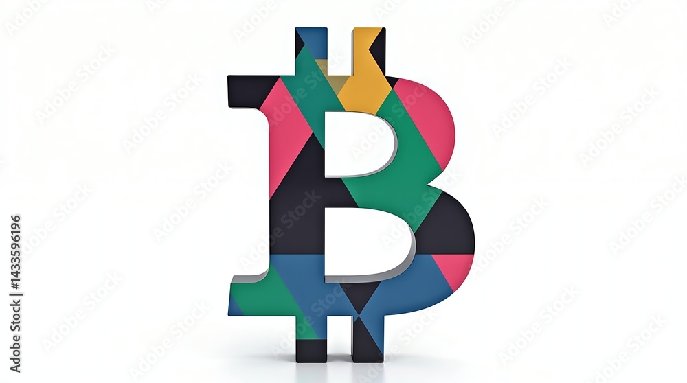 Obraz premium Stylized Bitcoin symbol with vibrant geometric patterns in blue, green, pink, yellow, and black on a white background. A modern, artistic crypto-inspired design.
