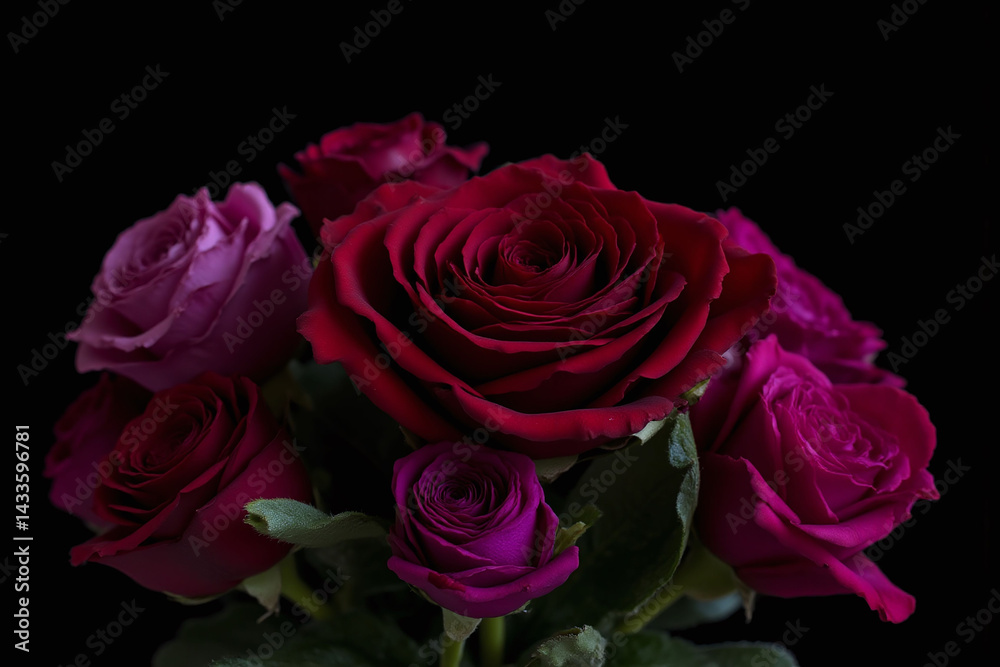 Fototapeta premium bouquet of pink roses and other flowers on a black background