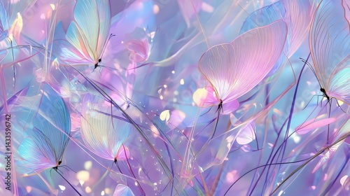 Ethereal butterflies with iridescent wings in a dreamy pastel garden, fantasy concept. Perfect for backgrounds, wallpapers, and magical designs. in flat design style