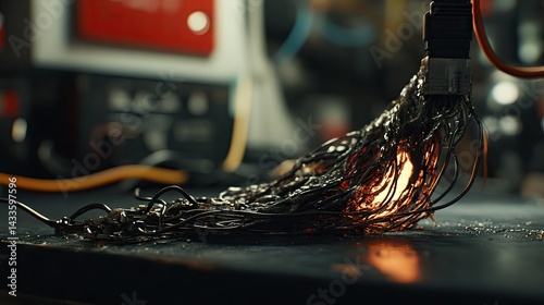 Obraz na płótnie Blackened wire ends with melted plastic on workbench w salonie