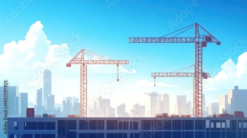 Construction cranes oversee urban development, buildings rising against blue sky, promising innovation, progress, growth.