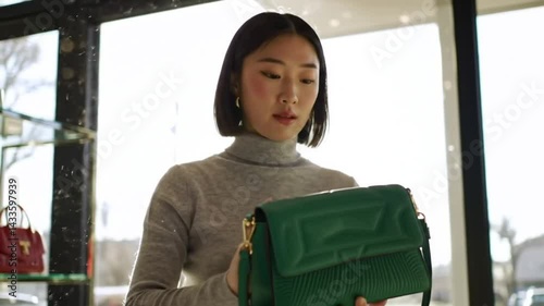 Young female customer selecting handbag in modern boutique store
