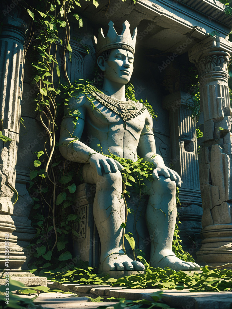 Fototapeta premium Fallen king statue overgrown with vines in a ruined temple, photorealistic 3D render showcasing cinematic shadows, atmospheric lighting, and ancient stonework.