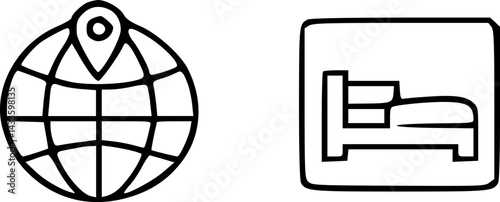 Global Travel Accommodation Icon World Map with Location Pin and Bed Symbol for Website Design