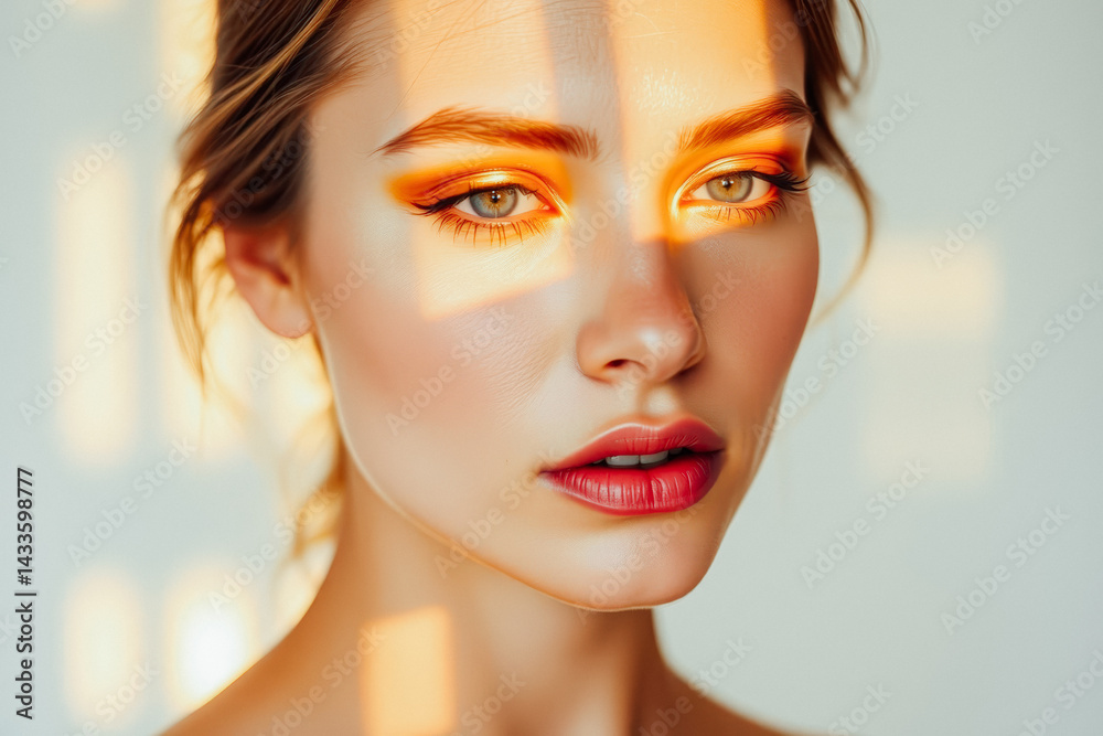 Woman with Artistic Makeup and Golden Sunlight