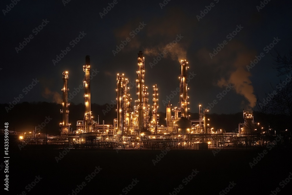 Fototapeta premium Smoke billowing from illuminated chimneys of an oil refinery plant at night creates a dramatic contrast against the dark sky, highlighting the industrial activity