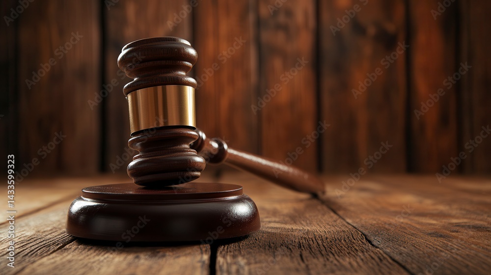 Wooden gavel on sounding block rests on rustic wooden surface. Wooden gavel on sounding block rests on rustic wooden surface.