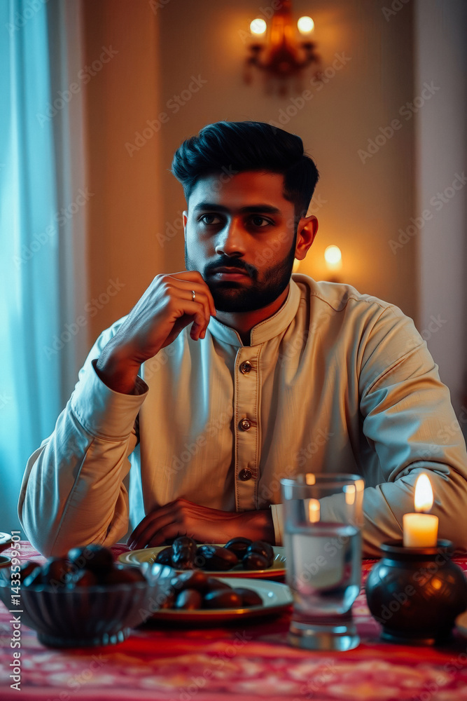 Thoughtful Man Enjoying a Traditional Ramadan Meal