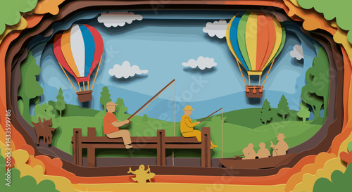 Intricate layered paper craft illustration depicting a scenic outdoor landscape with people fishing, boating, and hot air balloons
