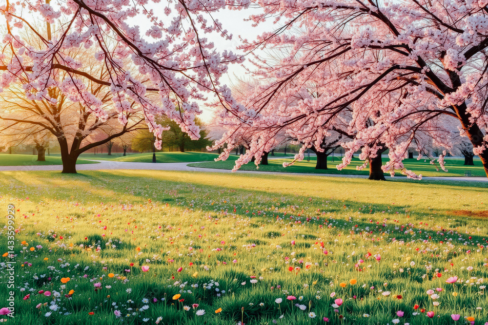 Spring Blossom Park at Sunrise