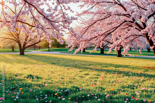 Obraz na płótnie Spring Blossom Park at Sunrise w salonie