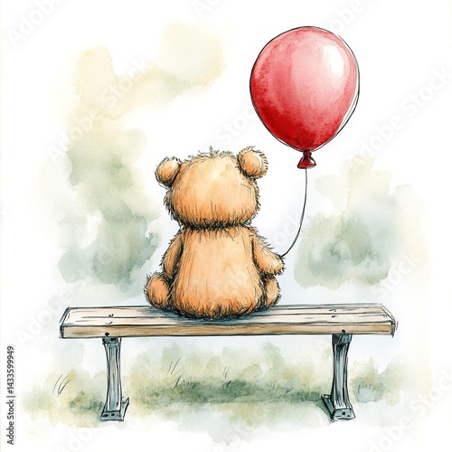 Watercolor, cute and adorable teddy bear sitting on a bench, holding a red balloon. Clipart on a white background, with muted colors, children's book illustration, back view