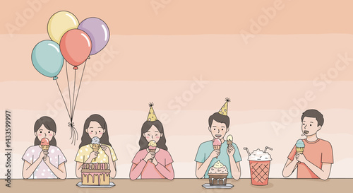 Illustration of a group of diverse young friends happily enjoying various sweet desserts like ice cream, cake, and milkshake together