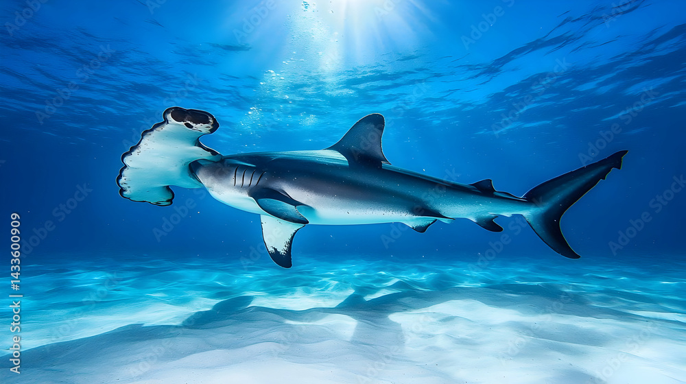 Obraz premium Hammerhead Shark Swimming in the Deep Blue Ocean Beneath Bright Sunlight Through Turquoise Waters