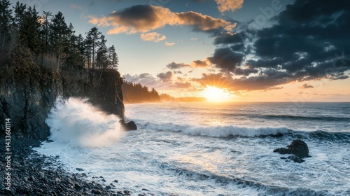 A sunrise over a rugged coastal cliff with crashing waves.